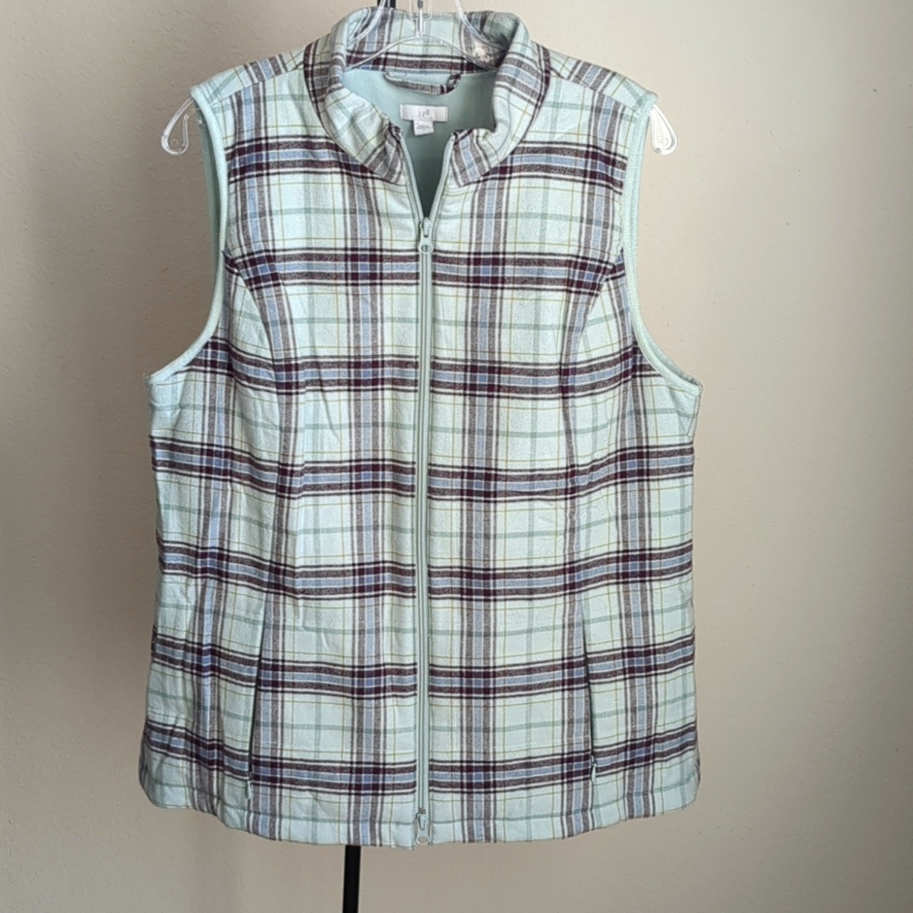 J.Jill White Jade Multi Plaid Full Zipper Curved Hem Puffer Vest Sz Medium